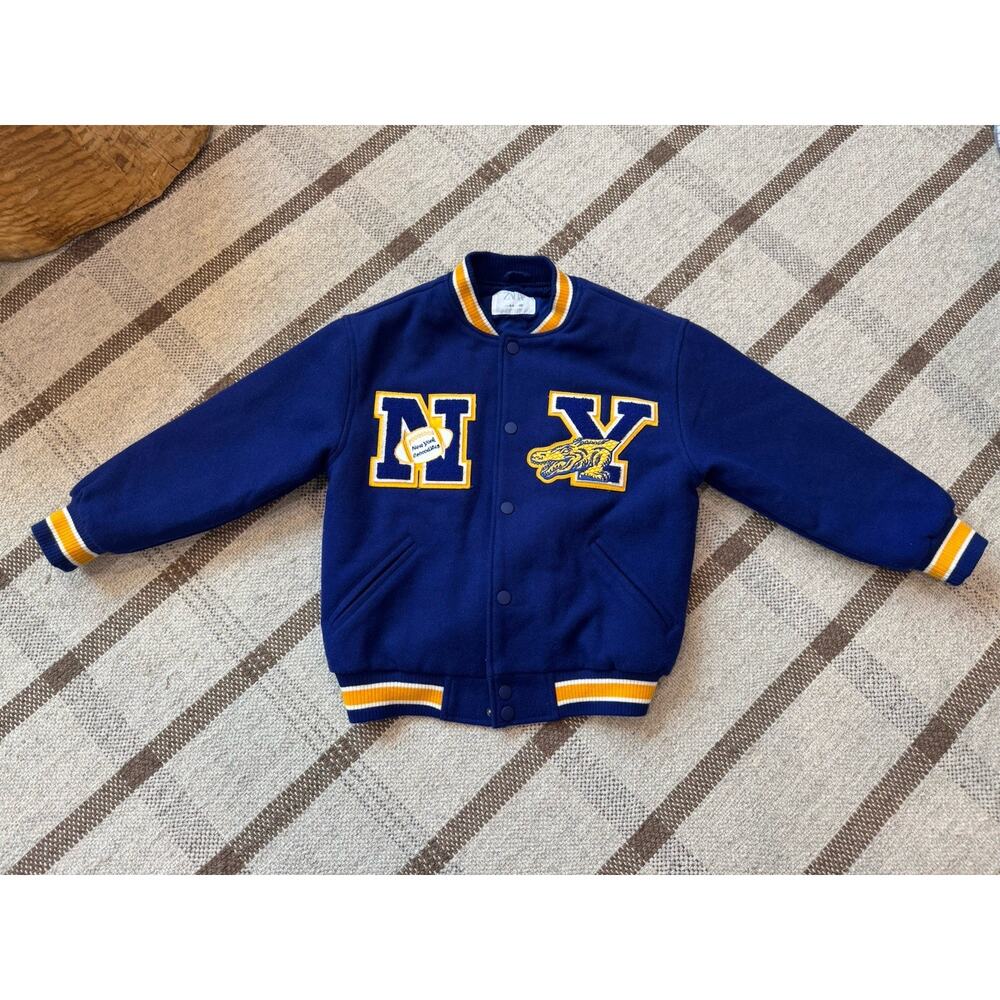Zara Kids Letterman Jacket New York Crocodiles 8-9 Boys Blue Gold Varsity
